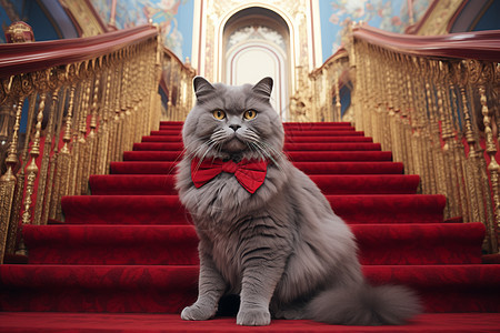 坐在红色楼梯上的猫图片