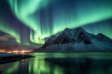 北极的湖泊和山脉上绽放着极光图片