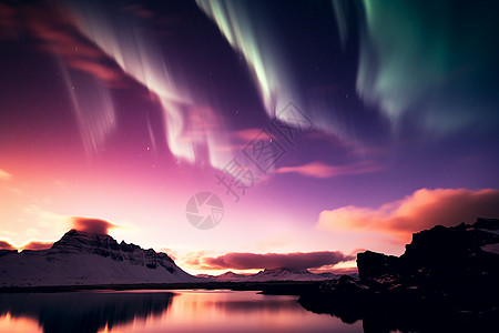 紫色极光北冰洋的奇幻极光背景