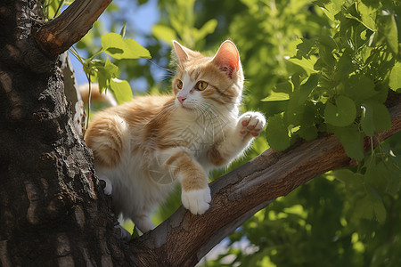 猫咪栖息在树枝上图片