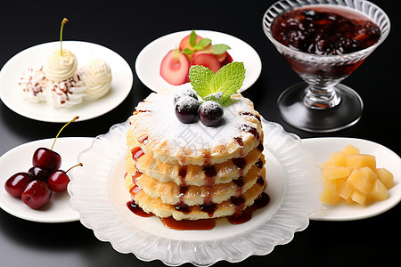 樱桃华夫饼蛋糕甜蜜的水果蛋糕背景