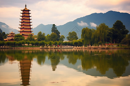 青海寺庙湖泊中倒映的寺庙背景