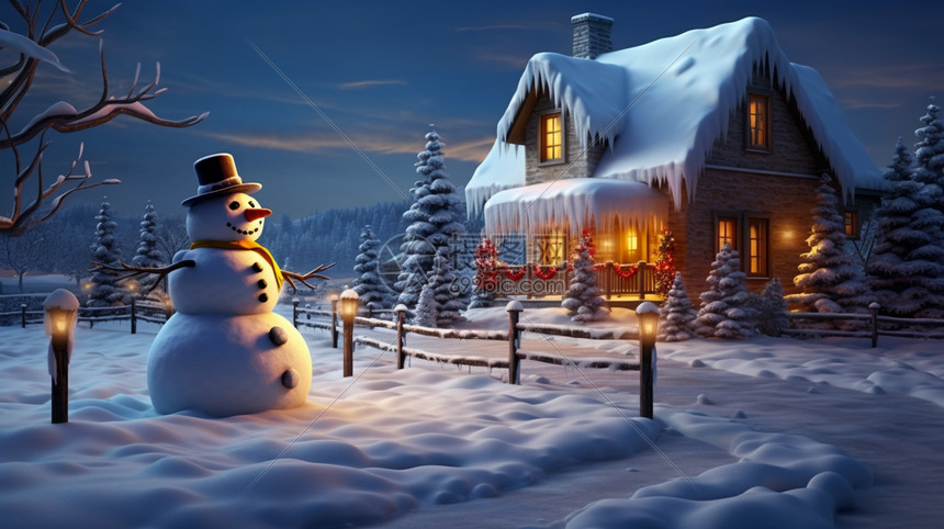 站在房子前的雪人,圣诞节图片