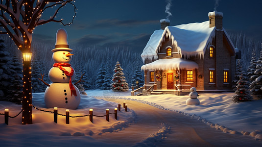 夜晚院子里的雪人高清图片