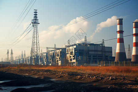 工厂的建筑和高压塔图片