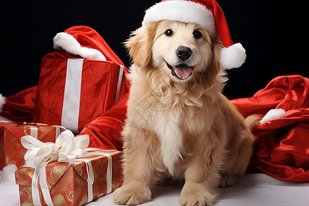 圣诞节装扮的金毛幼犬图片