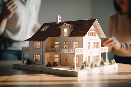 木桌上的房屋建筑模型高清图片
