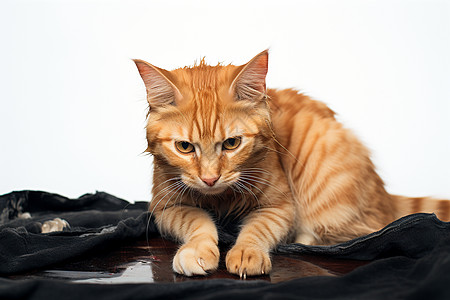 毯子上的猫可爱的小猫在桌子上躺在黑色毯子上背景