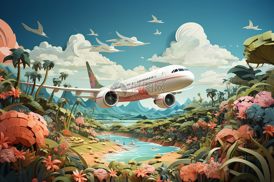 飞机飞过梦幻的度假胜地图片