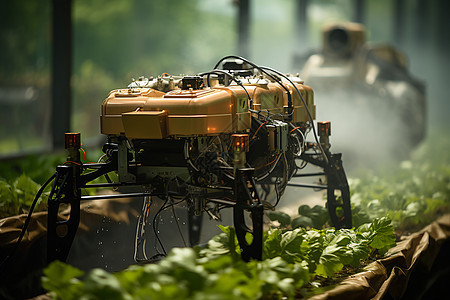 机器人在远处农田喷洒农药图片