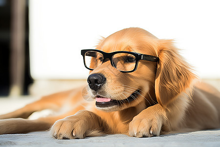 萌萌哒戴眼镜的金毛犬躺在地板上图片