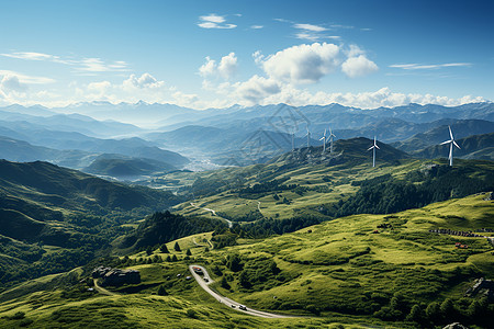 风力发电的山脉景色图片