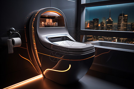 未来城市夜景中的智能高科技厕所图片