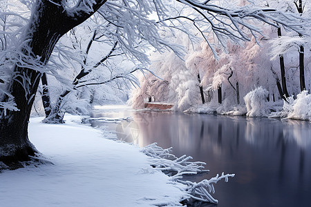 冬日湖畔的白雪森林图片