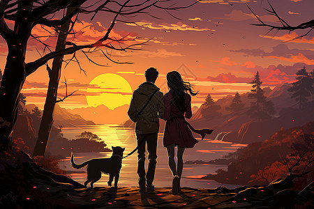 夕阳下湖畔散步的情侣图片