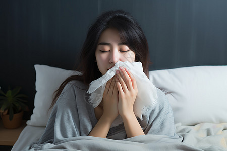 卧室床铺上休息的年轻女子图片