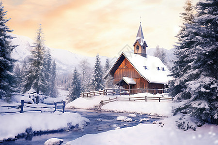 白雪覆盖的森林教堂图片