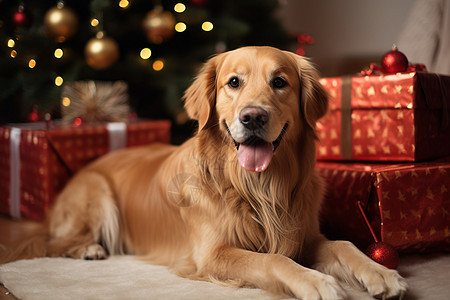 室内圣诞节装扮的金毛犬图片
