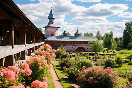 鲜花盛开的欧式中世纪建筑图片