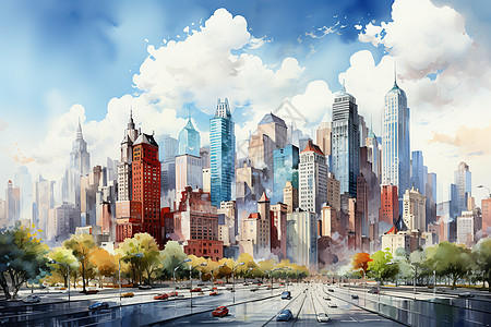 繁华的城市景观水彩插图背景图片