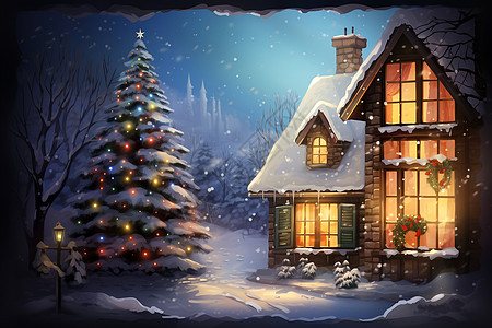 圣诞节场景圣诞装饰的村中小屋插画