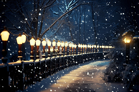 公园小路雪中公园中的路灯设计图片
