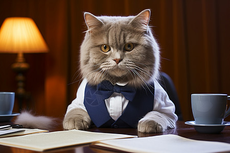 办公桌前的猫咪职员图片