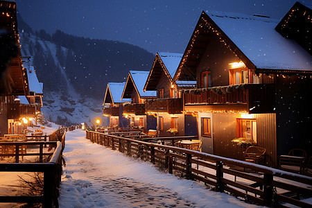 山村夜晚雪夜山村中的木屋背景