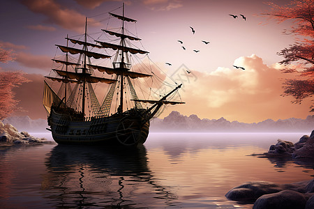 迷雾里航行的帆船图片