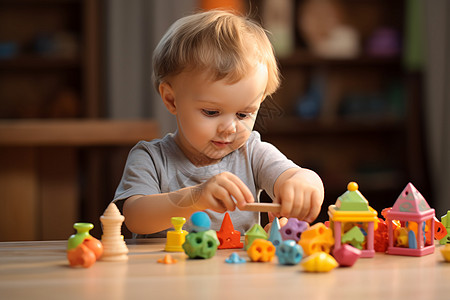 桌面上小男孩的益智玩具图片