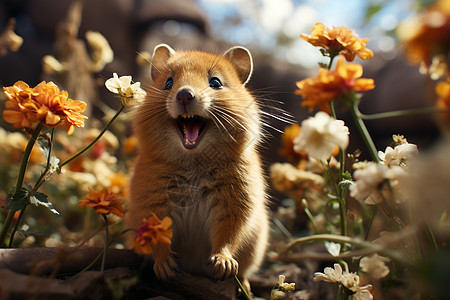 花海中的快乐袋獾图片
