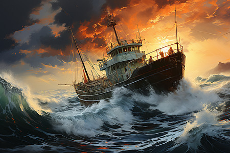 黄昏海面上航行的轮船图片