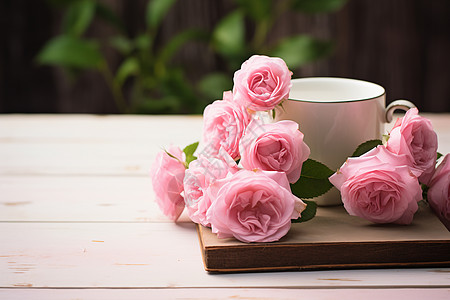 粉色玫瑰与咖啡图片