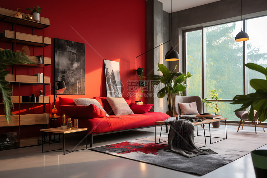 红色系现代客厅装潢图片