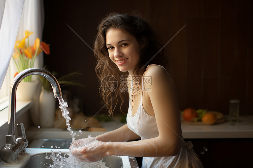 洗手池前的女人图片