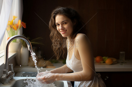 洗手池前的女人图片