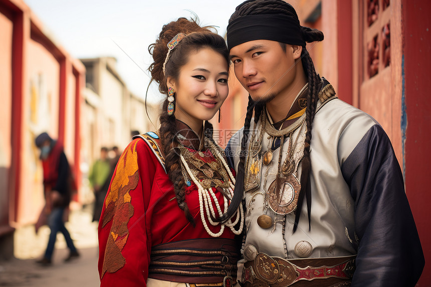 穿着蒙古族服装的情侣图片