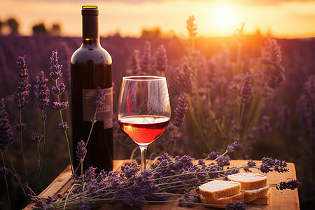 薰衣草田中的葡萄酒和酒杯图片