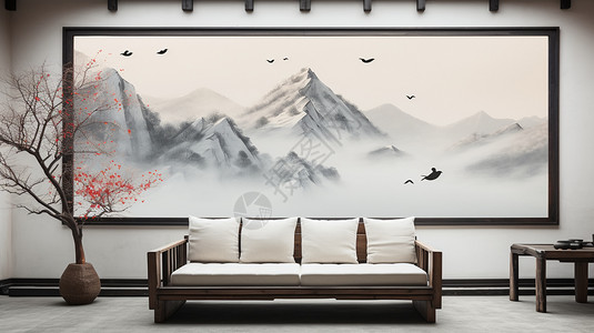 风景装饰画沙发后的山水画背景