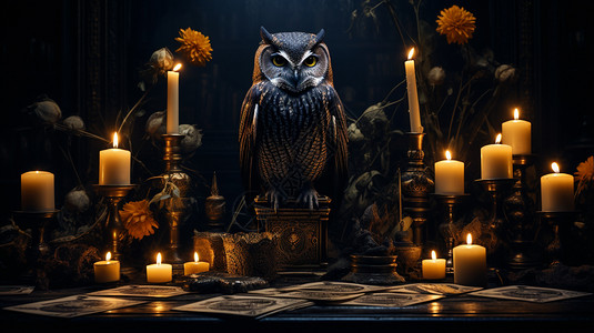 桌子上的蜡烛和猫头鹰背景图片