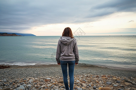 眺望远方的女子海滩上孤独的女子背景