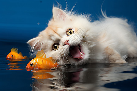 水面上捕捉金鱼的小猫图片