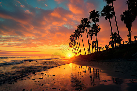 海边落日下的棕榈树图片