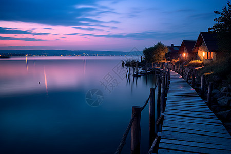 湖畔夕阳余辉的美丽景观图片