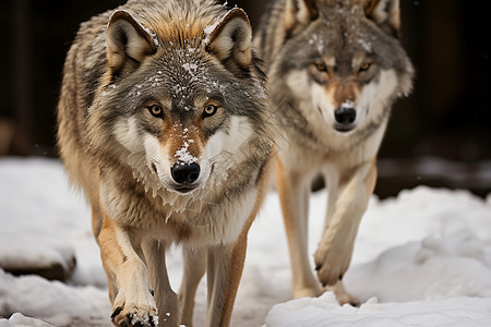 雪地中两只狼图片