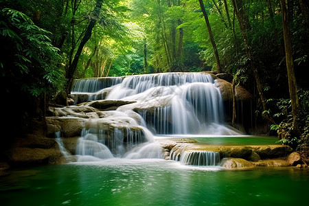 丛林溪水翠绿的树木和溪水背景