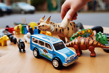 小恐龙木桌上的玩具背景