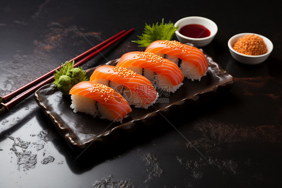 桌上的三文鱼寿司图片