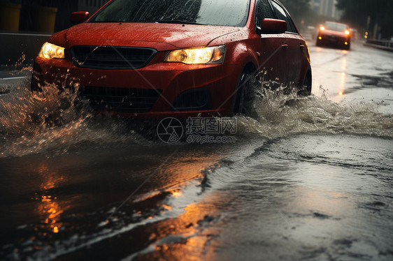 行驶在雨水中的汽车图片