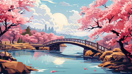 美丽的樱花树和桥梁图片